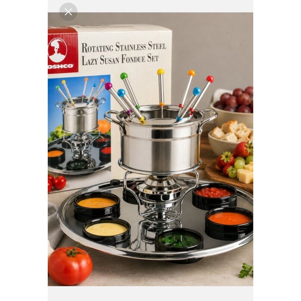 New Vintage Dead Stock Roshco Rotating Stainless Steel Lazy Susan Fondue Set